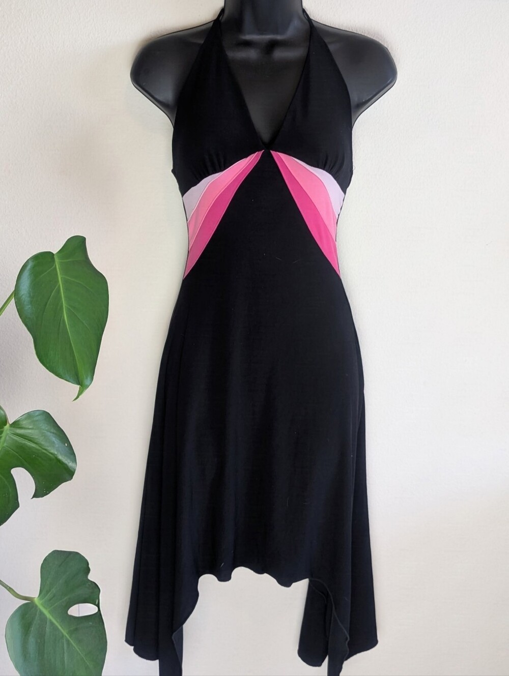 Black Pink Y2K Halter Dress with Asymmetrical Hemline Size Small